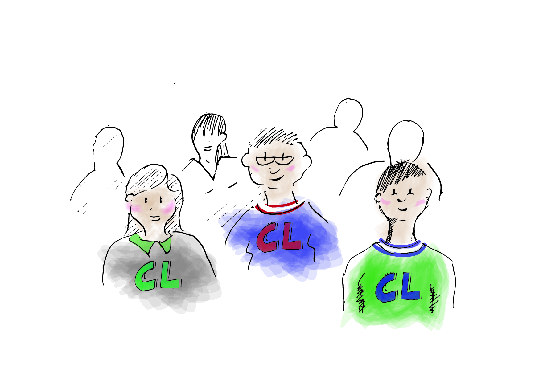 gezeichnete Darstellung junger Menschen, einige mit Pullovern mit Aufschrift CL für Careleaver